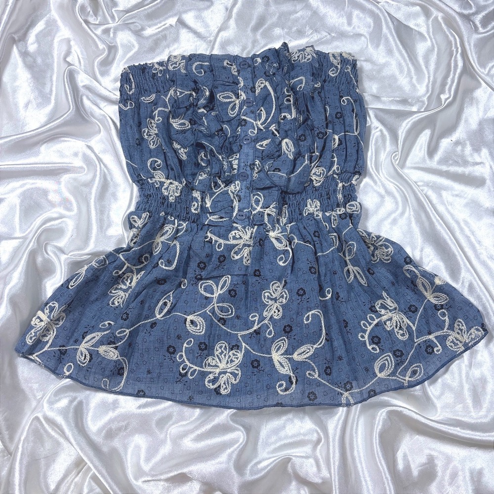 y2k Tube Top Blue Excellent Body Central Floral Embroidered Smocked Peplum S